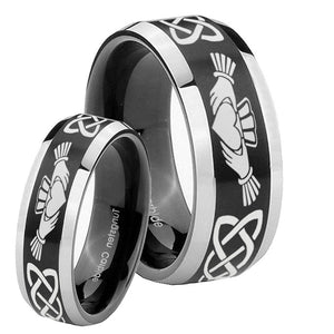 His Hers Irish Claddagh Beveled Brush Black 2 Tone Tungsten Mens Promise Ring Set