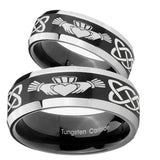 His Hers Irish Claddagh Beveled Brush Black 2 Tone Tungsten Mens Promise Ring Set