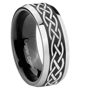 10mm Celtic Knot Beveled Brush Black 2 Tone Tungsten Mens Ring Engraved