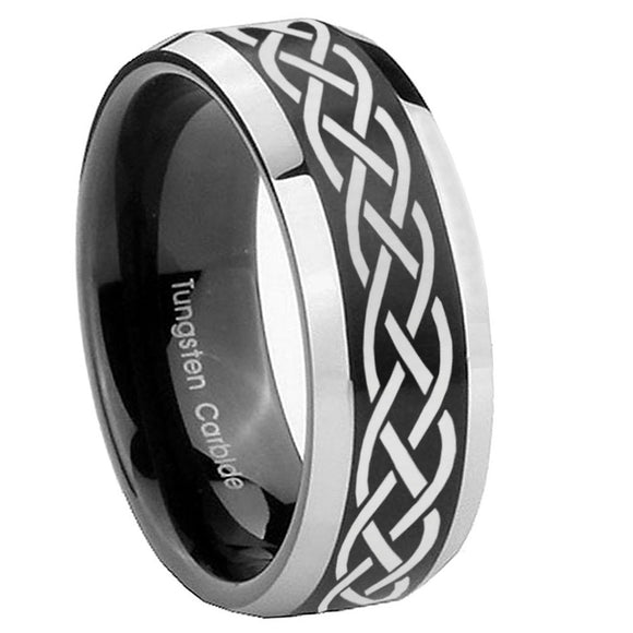 10mm Celtic Knot Beveled Brush Black 2 Tone Tungsten Mens Ring Engraved