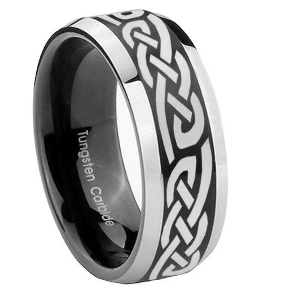 10mm Celtic Knot Infinity Love Beveled Brush Black 2 Tone Tungsten Mens Ring Engraved