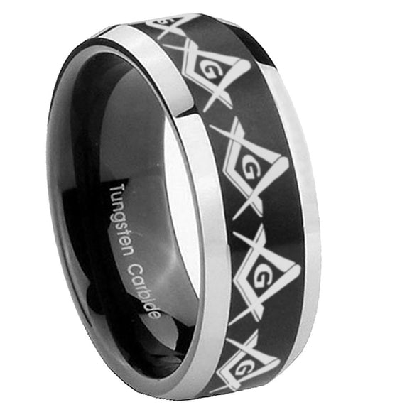 10mm Masonic Square and Compass Beveled Brush Black 2 Tone Tungsten Mens Ring Engraved