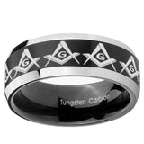 8mm Masonic Square and Compass Beveled Edges Brush Black 2 Tone Tungsten Rings for Men