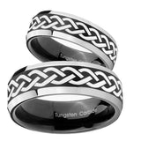 His Hers Laser Celtic Knot Beveled Brush Black 2 Tone Tungsten Men's Ring Set