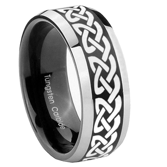 10mm Celtic Knot Love Beveled Brush Black 2 Tone Tungsten Mens Ring Engraved