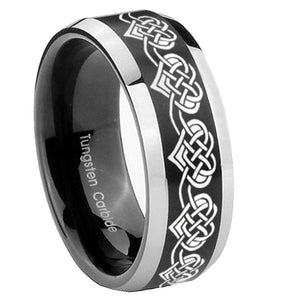 10mm Celtic Knot Heart Beveled Brush Black 2 Tone Tungsten Mens Ring Engraved