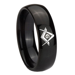 8mm Freemason Masonic Dome Black Tungsten Carbide Mens Wedding Band