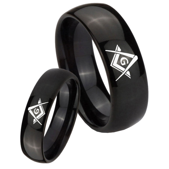 Bride and Groom Freemason Masonic Dome Black Tungsten Wedding Band Mens Set