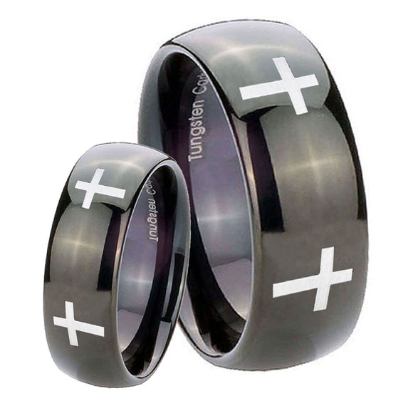 Bride and Groom Crosses Dome Black Tungsten Carbide Wedding Engraving Ring Set