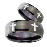 Bride and Groom Crosses Dome Black Tungsten Carbide Wedding Engraving Ring Set