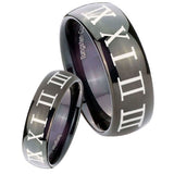 Bride and Groom Roman Numeral Dome Black Tungsten Carbide Men's Ring Set