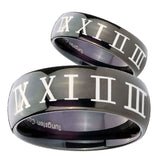 Bride and Groom Roman Numeral Dome Black Tungsten Carbide Men's Ring Set
