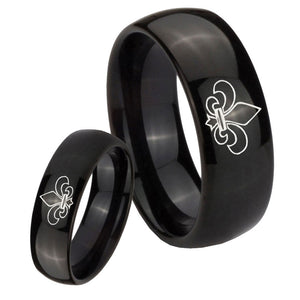 Bride and Groom Fleur De Lis Dome Black Tungsten Men's Wedding Band Set