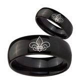 Bride and Groom Fleur De Lis Dome Black Tungsten Men's Wedding Band Set