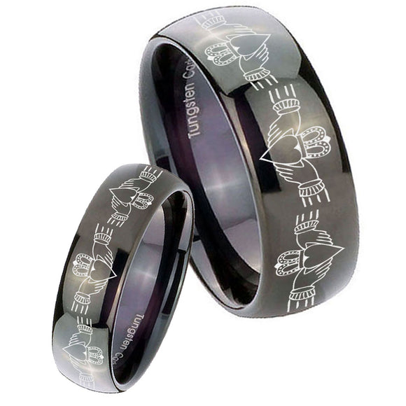 Bride and Groom Irish Claddagh Dome Black Tungsten Carbide Promise Ring Set