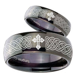 Bride and Groom Celtic Cross Dome Black Tungsten Carbide Anniversary Ring Set