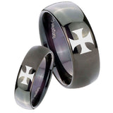 Bride and Groom Maltese Cross Dome Black Tungsten Carbide Mens Ring Engraved Set