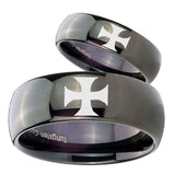 Bride and Groom Maltese Cross Dome Black Tungsten Carbide Mens Ring Engraved Set