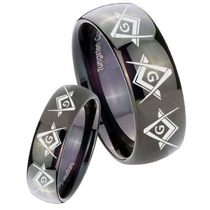 His Hers Master Mason Masonic  Dome Black Tungsten Men's Engagement Ring Set