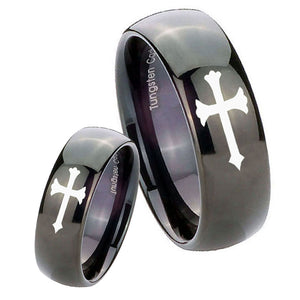 Bride and Groom Christian Cross Dome Black Tungsten Carbide Men's Bands Ring Set