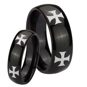 Bride and Groom 4 Maltese Cross Dome Black Tungsten Wedding Band Mens Set