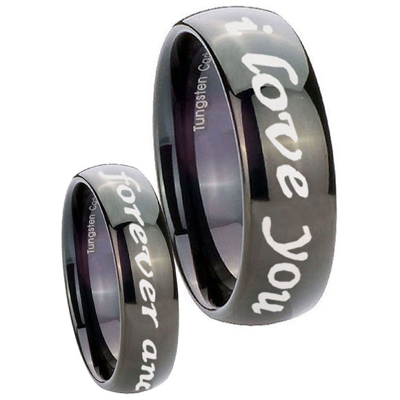 His Hers I Love You Forever and ever Dome Black Tungsten Engagement Ring Set