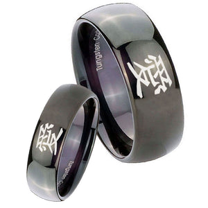 Bride and Groom Kanji Love Dome Black Tungsten Carbide Mens Promise Ring Set