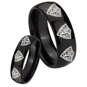 Bride and Groom Multiple CTR Dome Black Tungsten Carbide Engraved Ring Set