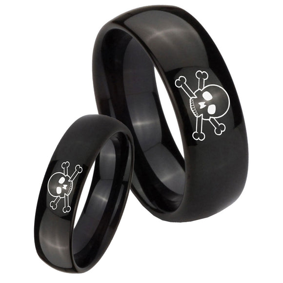 Bride and Groom Skull Dome Black Tungsten Carbide Mens Wedding Ring Set