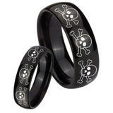 Bride and Groom Multiple Skull Dome Black Tungsten Carbide Wedding Band Ring Set