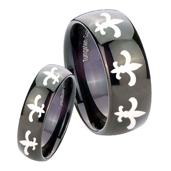 His Hers Multiple Fleur De Lis Dome Black Tungsten Men's Wedding Ring Set