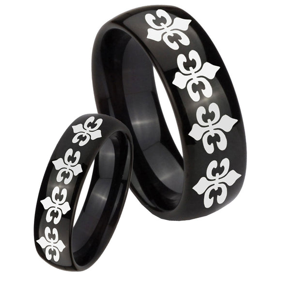 His Hers Multiple Fleur De Lis Dome Black Tungsten Wedding Engraving Ring Set