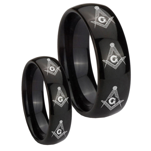 His Hers Multiple Master Mason Masonic Dome Black Tungsten Bands Ring Set