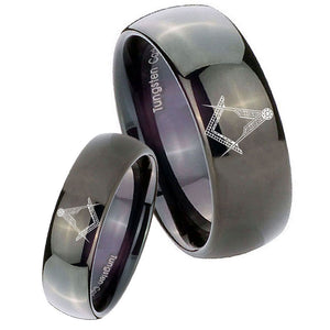 Bride and Groom Masonic Dome Black Tungsten Carbide Wedding Engagement Ring Set