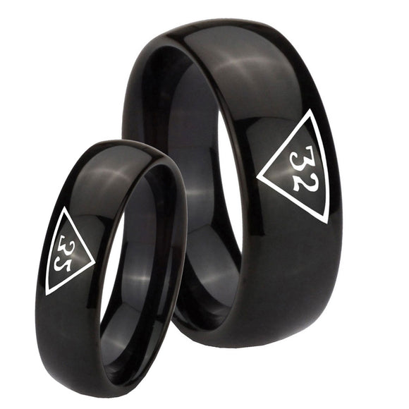 Bride and Groom Masonic 32 Triangle Freemason Dome Black Tungsten Carbide Wedding Engraving Ring Set