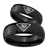 Bride and Groom Masonic 32 Triangle Freemason Dome Black Tungsten Carbide Wedding Engraving Ring Set