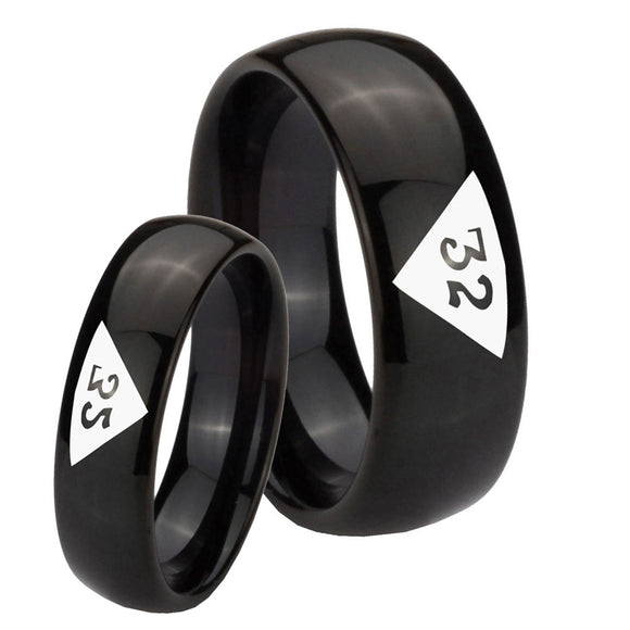 Bride and Groom Masonic 32 Triangle Design Freemason Dome Black Tungsten Carbide Wedding Engraving Ring Set