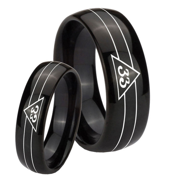 Bride and Groom Masonic 32 Duo Line Freemason Dome Black Tungsten Carbide Wedding Engraving Ring Set