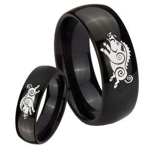 Bride and Groom Wild Boar Dome Black Tungsten Men's Wedding Band Set