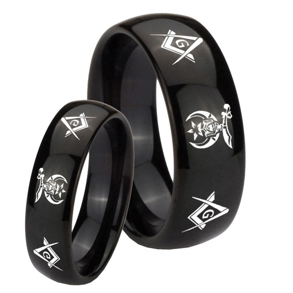 Bride and Groom Masonic Shriners Dome Black Tungsten Carbide Rings for Men Set