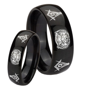 Bride and Groom Masonic 32 Design Dome Black Tungsten Carbide Promise Ring Set