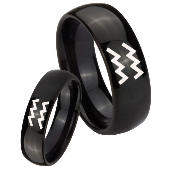 Bride and Groom Aquarius Horoscope Dome Black Tungsten Custom Mens Ring Set