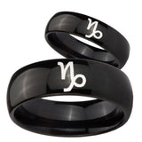 Bride and Groom Capricorn Zodiac Dome Black Tungsten Carbide Engraved Ring Set