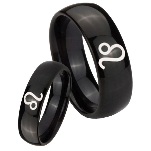 Bride and Groom Leo Zodiac Dome Black Tungsten Carbide Men's Band Ring Set