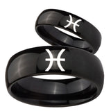 Bride and Groom Pisces Zodiac Dome Black Tungsten Carbide Men's Bands Ring Set