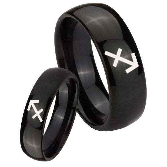 His and Hers Sagittarius Zodiac Dome Black Tungsten Mens Engagement Band Set