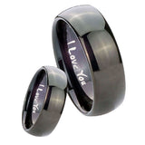 Bride and Groom I Love You Dome Black Tungsten Carbide Mens Ring Set