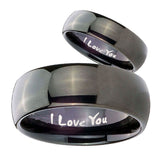Bride and Groom I Love You Dome Black Tungsten Carbide Mens Ring Set
