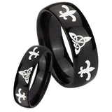 His Hers Celtic Triangle Fleur De Lis Dome Black Tungsten Mens Promise Ring Set