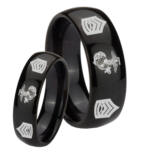 Bride and Groom Marine Army Sergeant Dome Black Tungsten Carbide Mens Ring Engraved Set